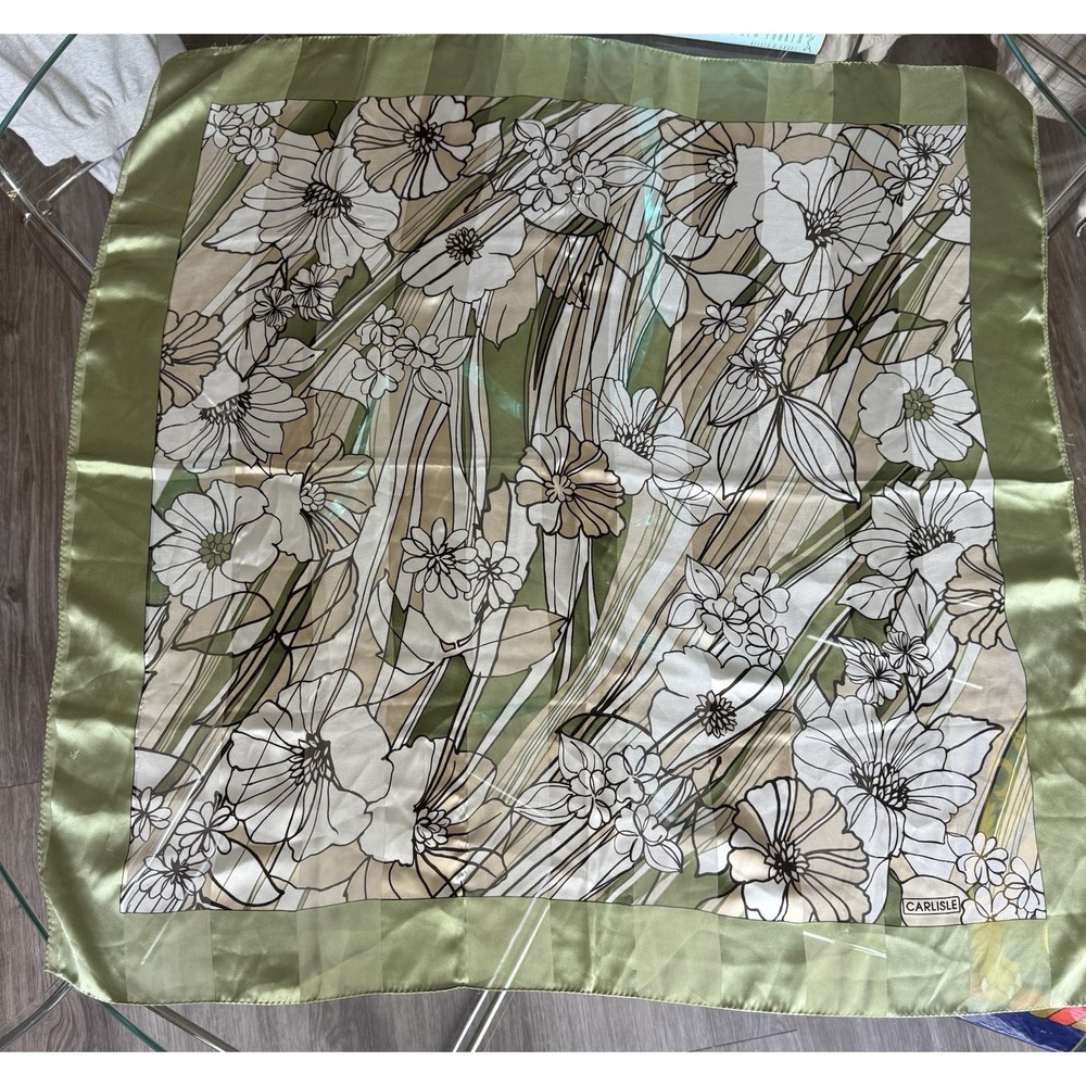 Vintage Carlisle Silk Scarf 36"x36" Green Floral Square Designer Botanical Wrap